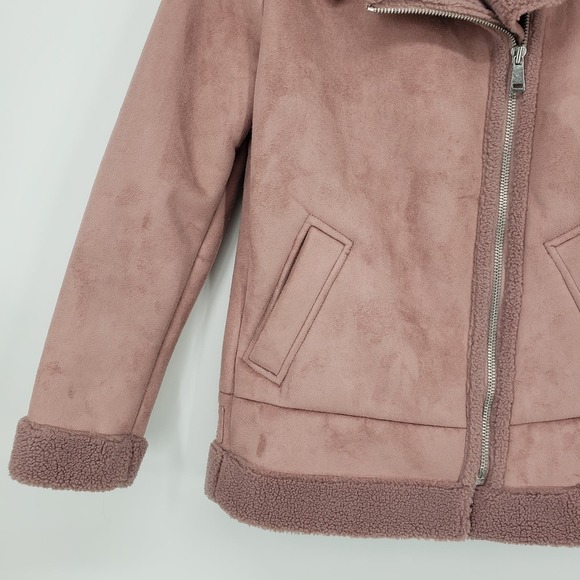 LOFT Faux Suede Aviator Jacket XS Sherpa Moto Asymmetrical Zip Up Mauve Pink - Picture 7 of 10